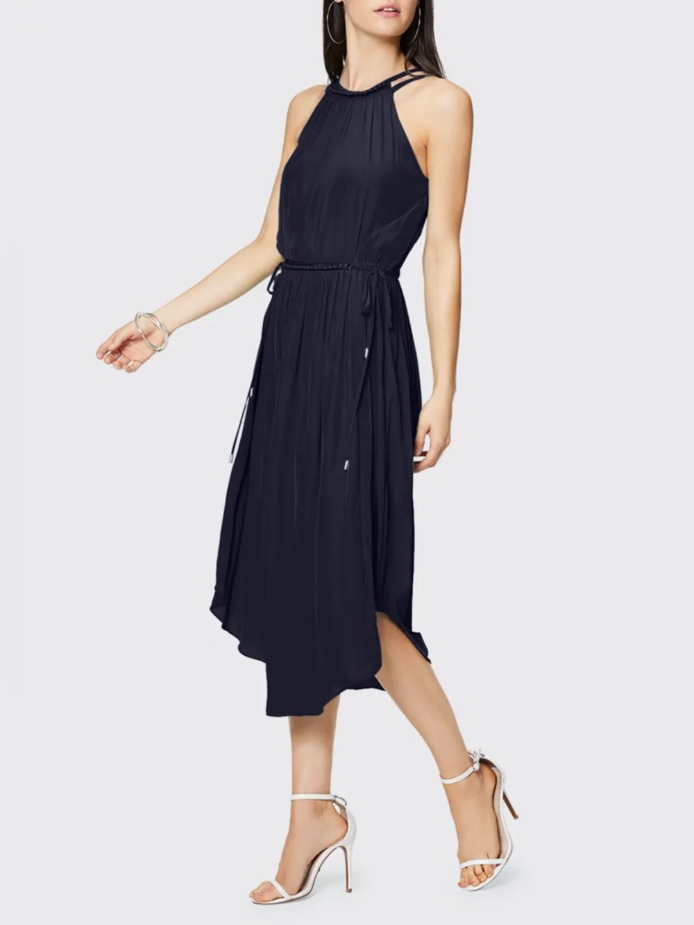 Ramy Brook Laurel Halter Navy Blue Drawstring Midi Semi Formal Dress Small